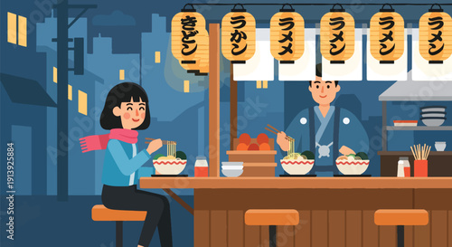 Modern flat vector illustration of woman eating ramen at Japanese street food stall in Tokyo alley with lanterns and night city atmosphere, showcasing authentic Asian traditional cuisine culture 