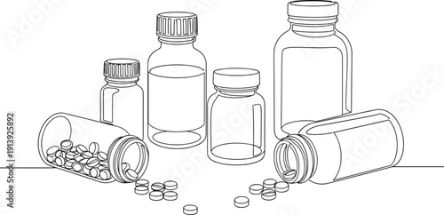 Medicine Bottles with Scattered Pills Line Art Illustration Pharmaceutical Drugs Healthcare Treatment Concept Medical Supplies Outline Vector Design