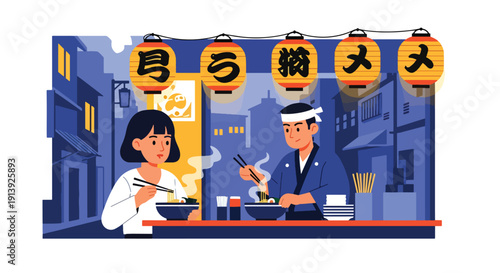Modern flat vector illustration of woman eating ramen at Japanese street food stall in Tokyo alley with lanterns and night city atmosphere, showcasing authentic Asian traditional cuisine culture 