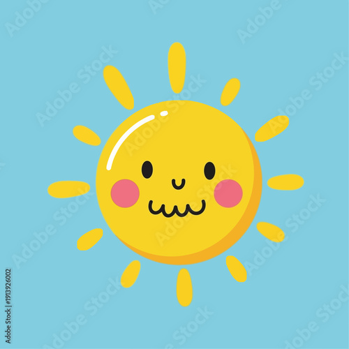 Cute cartoon sun with smiling face and rosy cheeks on a blue sky background, summer icon