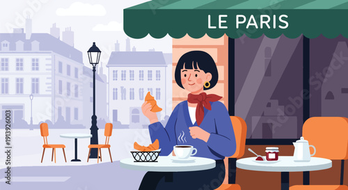 Modern flat vector illustration of woman eating croissant and coffee at Paris sidewalk café with European street background, highlighting traditional French breakfast culture and travel lifestyle