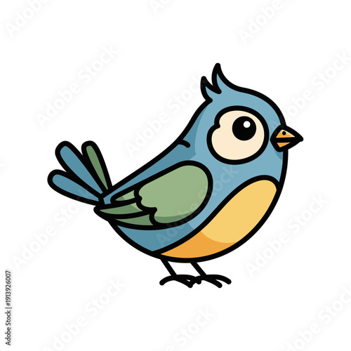Cute cartoon blue bird with green wings and yellow belly, isolated on white background