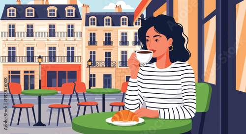 Modern flat vector illustration of woman eating croissant and coffee at Paris sidewalk café with European street background, highlighting traditional French breakfast culture and travel lifestyle
