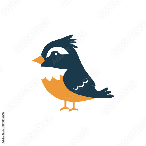 Cute cartoon bird illustration, small blue and orange bird with white eye patch, isolated on white