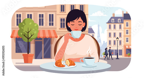Modern flat vector illustration of woman eating croissant and coffee at Paris sidewalk café with European street background, highlighting traditional French breakfast culture and travel lifestyle