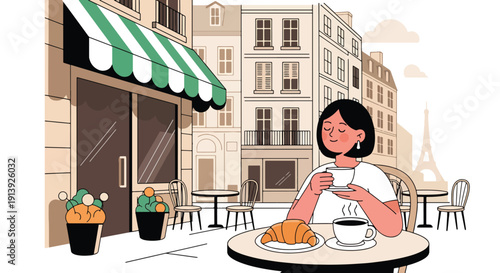 Modern flat vector illustration of woman eating croissant and coffee at Paris sidewalk café with European street background, highlighting traditional French breakfast culture and travel lifestyle