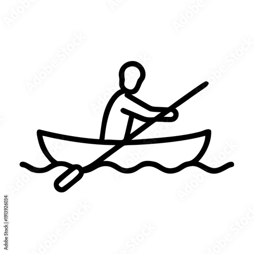 Minimalist line illustration of man rowing solo in small boat on water, showing a lone person with an oar. This simple graphic conveys independence, personal journey, and self reliance.