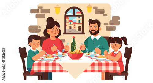 Flat vector illustration of family eating pasta at traditional Italian restaurant with rustic interior and warm dining atmosphere, celebrating authentic Mediterranean cuisine culture