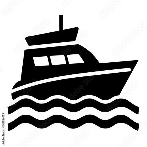 Black graphic icon portraying boat rental service, showcasing stylized motorboat on water waves. Simple symbol represents boat rental business, highlighting aquatic leisure and marine transport.