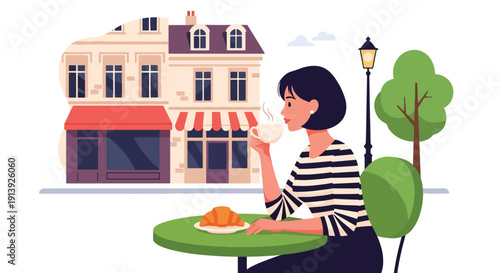 Modern flat vector illustration of woman eating croissant and coffee at Paris sidewalk café with European street background, highlighting traditional French breakfast culture and travel lifestyle