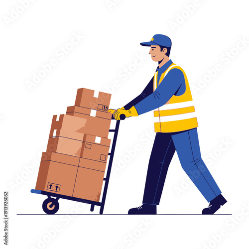 Delivery man pushing cart with stacked boxes, logistics and shipping concept