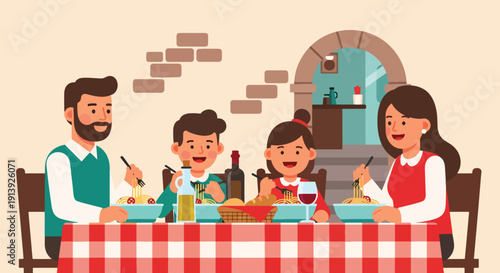 Flat vector illustration of family eating pasta at traditional Italian restaurant with rustic interior and warm dining atmosphere, celebrating authentic Mediterranean cuisine culture