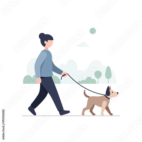 Person walking a dog in a park, outdoor leisure activity, healthy lifestyle