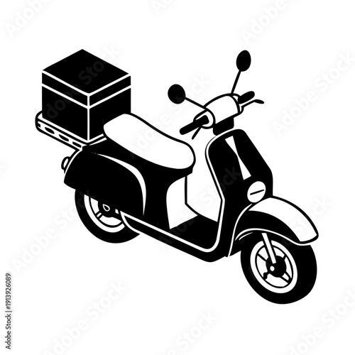 Isometric graphic depicts renting a scooter, presenting black and white classic scooter with delivery box. Perfect for companies offering renting a scooter services and urban delivery.