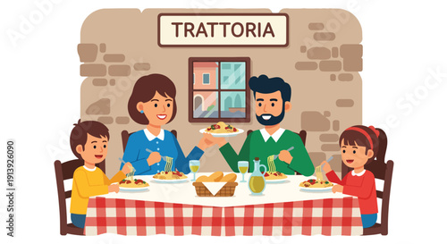 Flat vector illustration of family eating pasta at traditional Italian restaurant with rustic interior and warm dining atmosphere, celebrating authentic Mediterranean cuisine culture