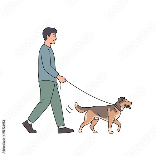 Man walking a dog on a leash outdoors, enjoying a sunny day