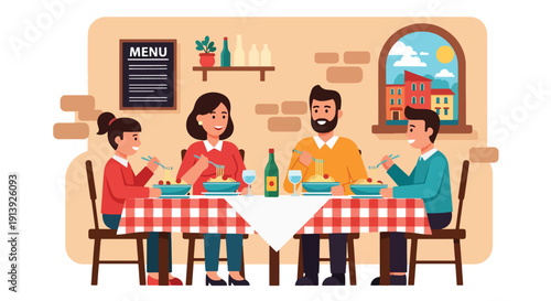Flat vector illustration of family eating pasta at traditional Italian restaurant with rustic interior and warm dining atmosphere, celebrating authentic Mediterranean cuisine culture