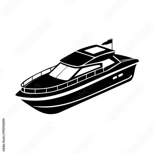 Black luxury yacht rental illustration, showcasing sleek modern boat for marine tourism. Elegant boat charter symbol for water leisure, ideal for travel agencies.
