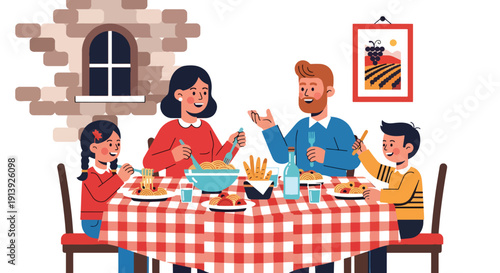 Flat vector illustration of family eating pasta at traditional Italian restaurant with rustic interior and warm dining atmosphere, celebrating authentic Mediterranean cuisine culture