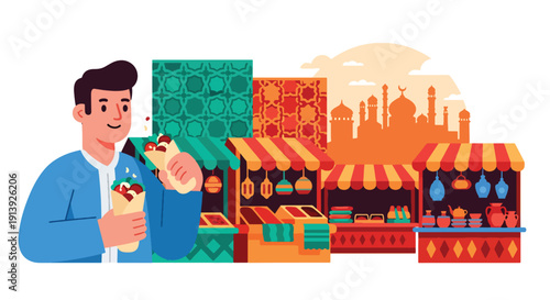 Modern flat vector illustration of man eating kebab wrap near Middle Eastern bazaar with spice market and warm city background, highlighting traditional Arabic street food culture.