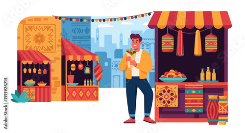 Modern flat vector illustration of man eating kebab wrap near Middle Eastern bazaar with spice market and warm city background, highlighting traditional Arabic street food culture