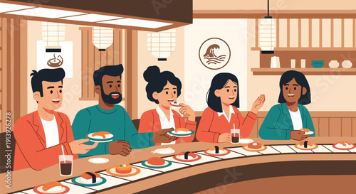 Modern flat vector illustration of friends eating sushi at Japanese restaurant with minimalist interior, celebrating traditional seafood cuisine and global food culture