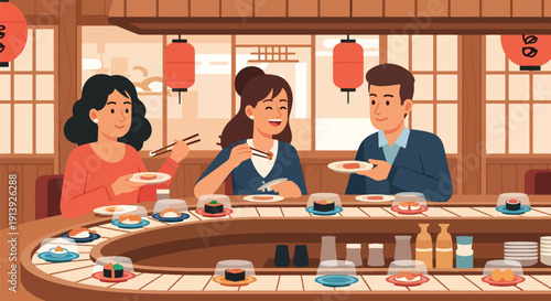 Modern flat vector illustration of friends eating sushi at Japanese restaurant with minimalist interior, celebrating traditional seafood cuisine and global food culture