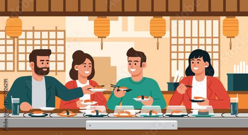 Modern flat vector illustration of friends eating sushi at Japanese restaurant with minimalist interior, celebrating traditional seafood cuisine and global food culture