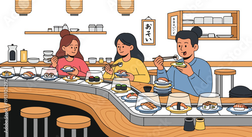 Modern flat vector illustration of friends eating sushi at Japanese restaurant with minimalist interior, celebrating traditional seafood cuisine and global food culture