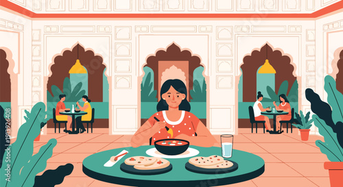 Flat vector illustration of woman eating curry and naan at Indian courtyard restaurant with decorative architecture, highlighting traditional South Asian cuisine culture
