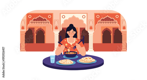 Flat vector illustration of woman eating curry and naan at Indian courtyard restaurant with decorative architecture, highlighting traditional South Asian cuisine culture
