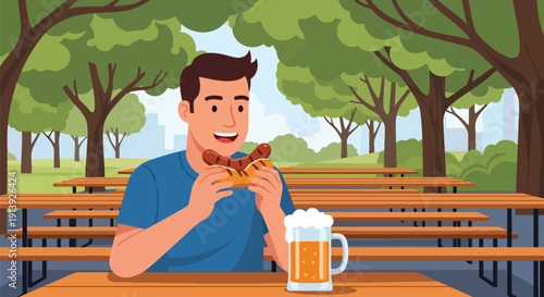 Modern flat vector illustration of man eating bratwurst at outdoor German beer garden with wooden tables and trees, celebrating traditional European cuisine culture