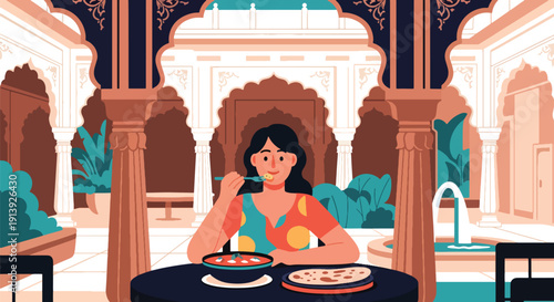 Flat vector illustration of woman eating curry and naan at Indian courtyard restaurant with decorative architecture, highlighting traditional South Asian cuisine culture