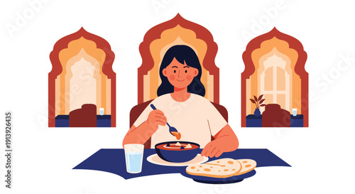 Flat vector illustration of woman eating curry and naan at Indian courtyard restaurant with decorative architecture, highlighting traditional South Asian cuisine culture
