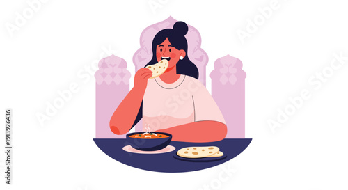 Flat vector illustration of woman eating curry and naan at Indian courtyard restaurant with decorative architecture, highlighting traditional South Asian cuisine culture