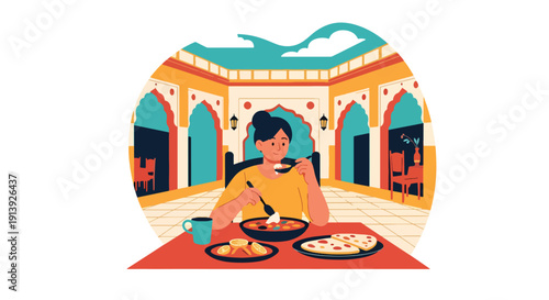 Flat vector illustration of woman eating curry and naan at Indian courtyard restaurant with decorative architecture, highlighting traditional South Asian cuisine culture