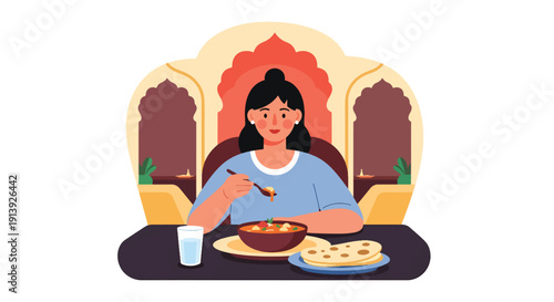 Flat vector illustration of woman eating curry and naan at Indian courtyard restaurant with decorative architecture, highlighting traditional South Asian cuisine culture