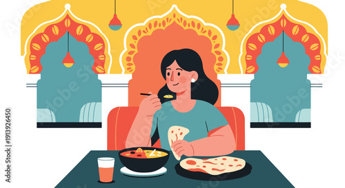 Flat vector illustration of woman eating curry and naan at Indian courtyard restaurant with decorative architecture, highlighting traditional South Asian cuisine culture