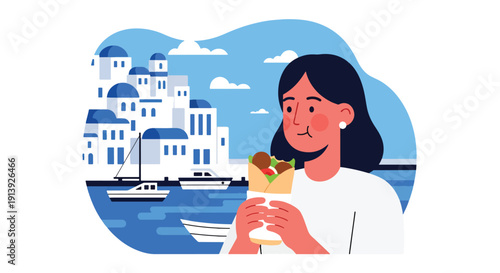 Modern flat vector illustration of woman eating falafel wrap near Mediterranean harbor with white buildings and sea view, highlighting traditional Middle Eastern cuisine and travel culture