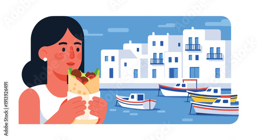 Modern flat vector illustration of woman eating falafel wrap near Mediterranean harbor with white buildings and sea view, highlighting traditional Middle Eastern cuisine and travel culture