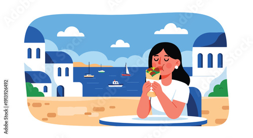 Modern flat vector illustration of woman eating falafel wrap near Mediterranean harbor with white buildings and sea view, highlighting traditional Middle Eastern cuisine and travel culture