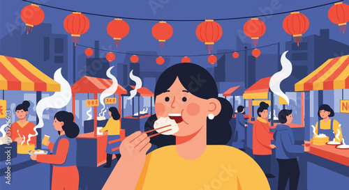 Modern flat vector illustration of woman eating dumplings at Chinese night market with lanterns and food stalls, celebrating traditional Asian street food culture and travel lifestyle