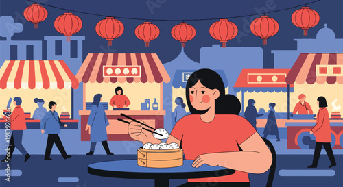 Modern flat vector illustration of woman eating dumplings at Chinese night market with lanterns and food stalls, celebrating traditional Asian street food culture and travel lifestyle