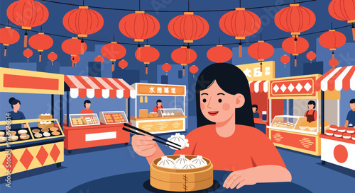 Modern flat vector illustration of woman eating dumplings at Chinese night market with lanterns and food stalls, celebrating traditional Asian street food culture and travel lifestyle