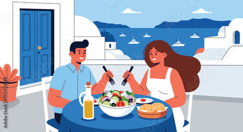 Flat vector illustration of couple eating Greek salad and pita on Santorini terrace with sea and white architecture background, highlighting traditional Mediterranean cuisine culture