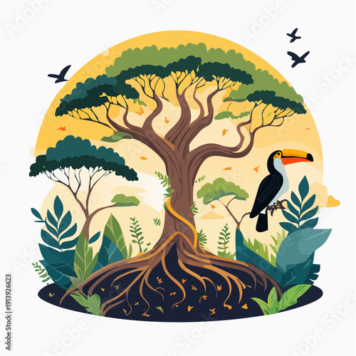 Vibrant Toucan Perched on a Tree Root System Surrounded by Lush Greenery