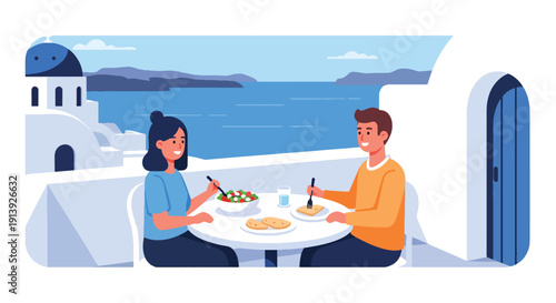 Flat vector illustration of couple eating Greek salad and pita on Santorini terrace with sea and white architecture background, highlighting traditional Mediterranean cuisine culture