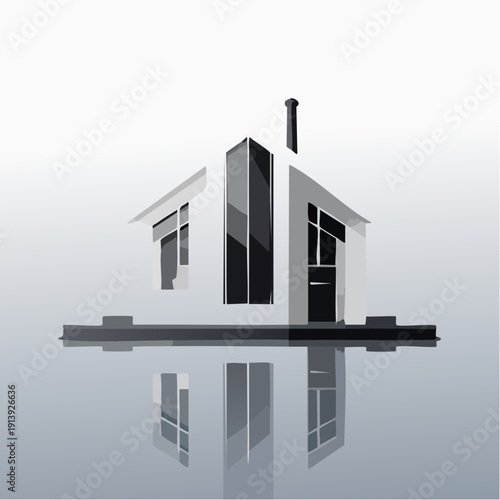 Sleek minimalist modern house illustration with elegant geometric lines and reflective surface design