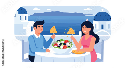 Flat vector illustration of couple eating Greek salad and pita on Santorini terrace with sea and white architecture background, highlighting traditional Mediterranean cuisine culture