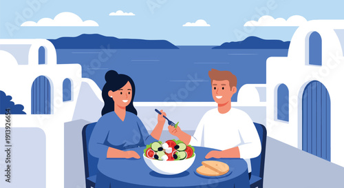 Flat vector illustration of couple eating Greek salad and pita on Santorini terrace with sea and white architecture background, highlighting traditional Mediterranean cuisine culture